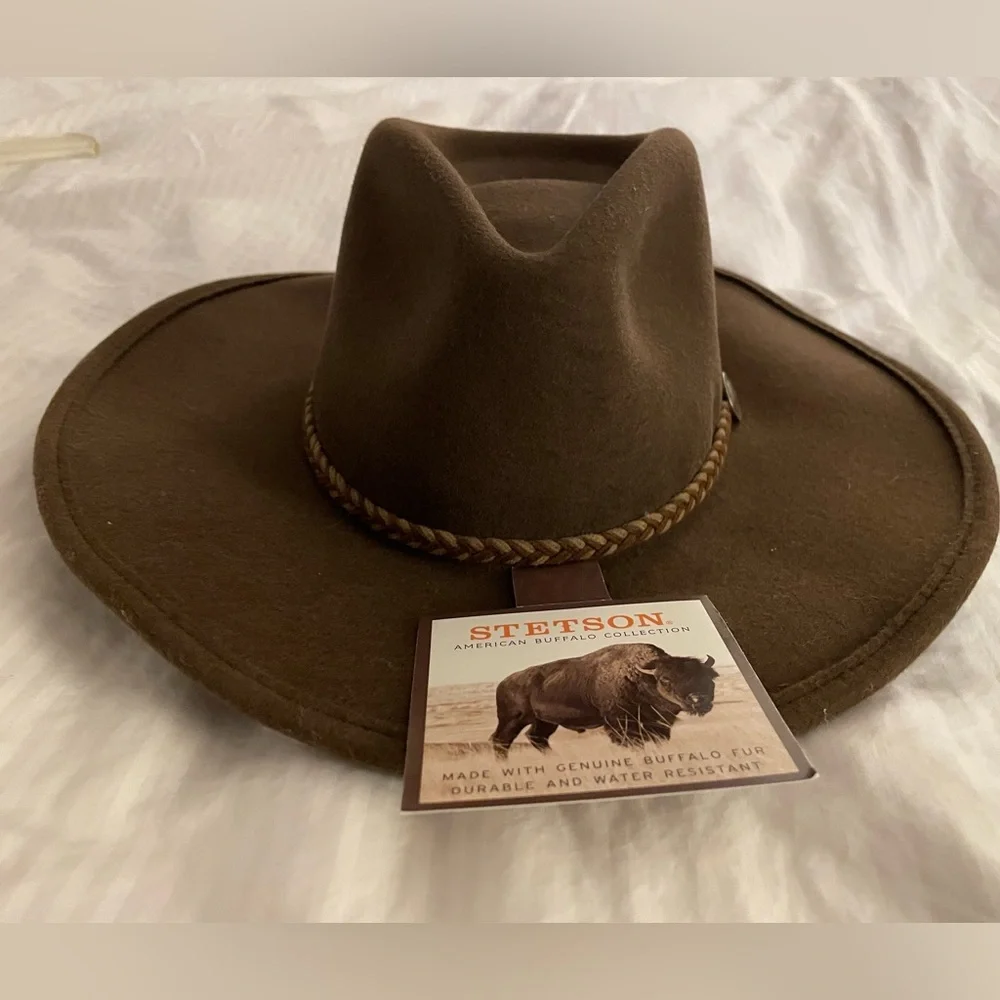 STETSON Genuine Buffalo Wool Fur Water Resistant Mink Brown Cowgirl Hat NWT